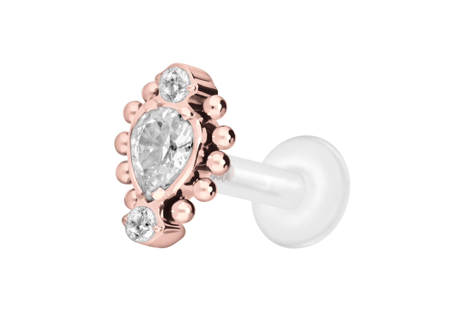 PTFE Labret Piercing mit Innengewinde + Titan-Aufsatz 3 EINGEFASSTE KRISTALLE + KUGELN